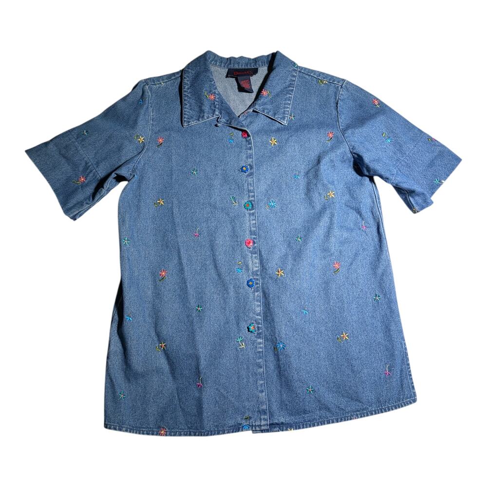 Vtg 1990s Denim & Co Blue Medium Wash Floral Embroidered Button Up Top Sz M